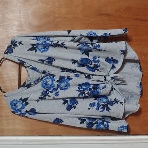 Grey button up sweater with blue flowers